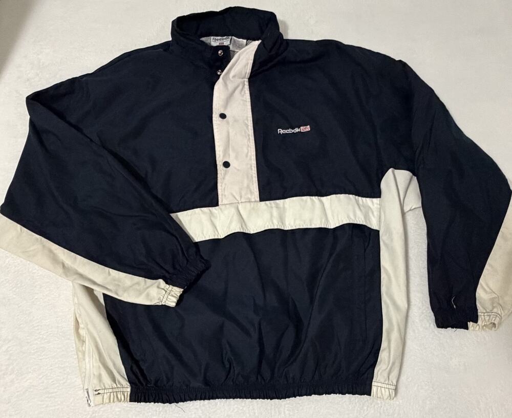 Vintage 90s Reebok Track Jacket Size XL Blue Striped Windbreaker White Stripe